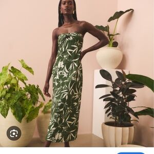 Abercrombie & Fitch Olive Green and White Strapless Midi Dress